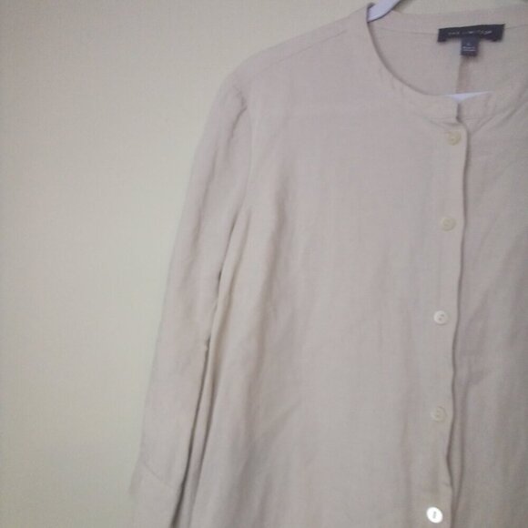 The Limited Blouse Shirt L Button Up 3/4 Sleeve Bat Wing Hem Linen Blend Tan - Picture 12 of 15